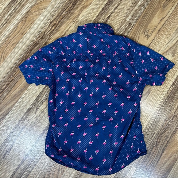 Flamingo All over Print Button Down Short Sleeve Stretch Raw Yarn Flaw Men/jr. L - Picture 5 of 6